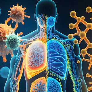 3D illustration of a transparent human body with floating viruses, symbolizing the immune system's defense against pathogens.