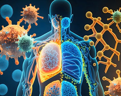 3D illustration of a transparent human body with floating viruses, symbolizing the immune system's defense against pathogens.