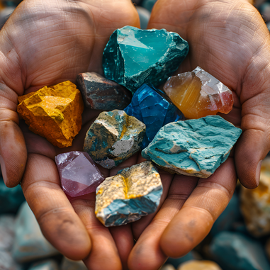 Close-up of hands holding a variety of organic trace minerals, symbolizing natural health and wellness.