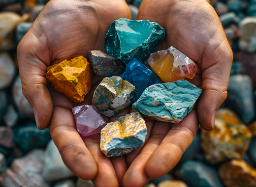 Close-up of hands holding a variety of organic trace minerals, symbolizing natural health and wellness.